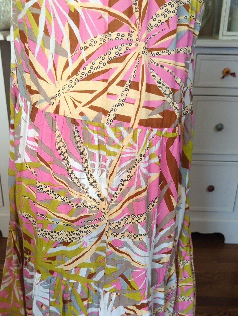 Sleeveless Pink & Yellow Tropical Floral Tiered Maxi Dress Boho Sz Halter XL - Picture 6 of 9